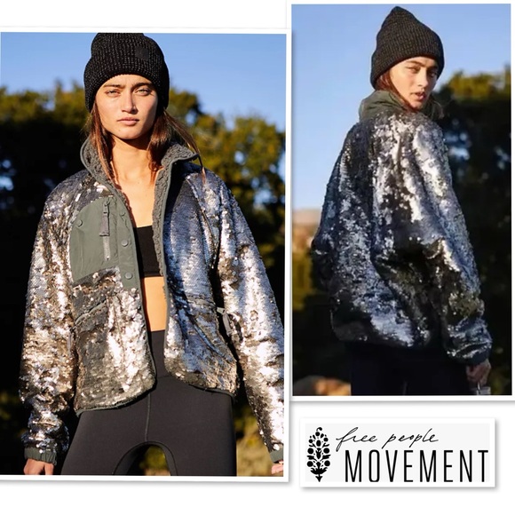NWT Free People Movement Hit The Slopes Sequin Jacket S Silver Metallic Sherpa - Picture 3 of 16